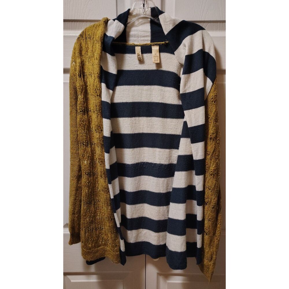 BKE Knit Flyaway Cardigan Sweater Striped Mustard Yellow Open Front Boho Medium